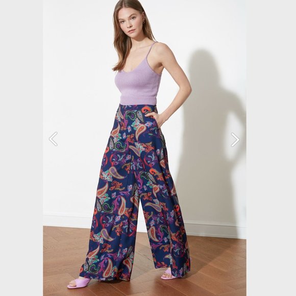 Pants - Organic Boho Navy Blue Patterned Wide Leg Trouser
